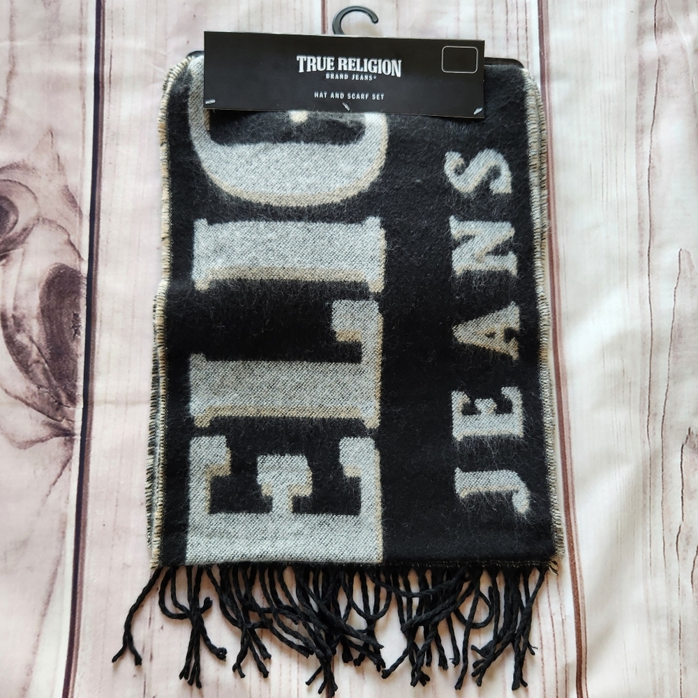 NWT True Religion Beanie Hat & Scarf Set Men's Accessories Cream Black Grey - Picture 6 of 9